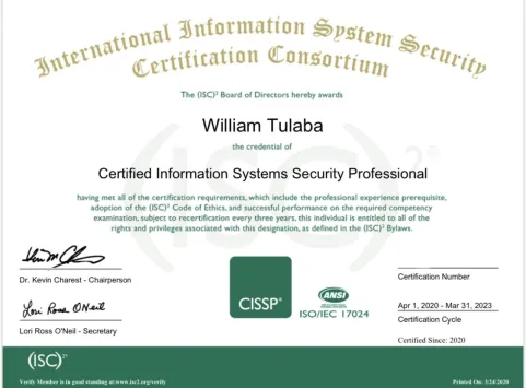 William Tulaba Natick MA - ISC2 CISSP InfoSec Leader